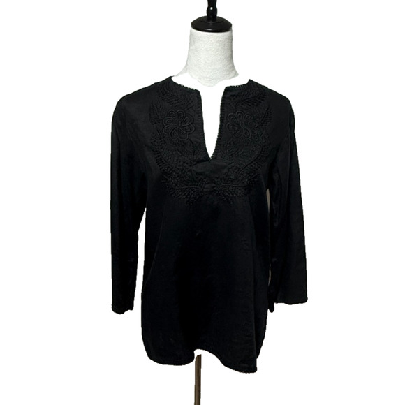 Lauren Ralph‎ Lauren Top Womens Medium Black Floral Linen Embroidered 3/4 Sleeve - Picture 2 of 9